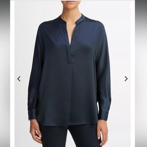 Vince Satin Navy Split-Neck Silk Blouse